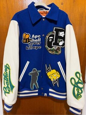 BAPE Blue & White Varsity Jacket with Patches